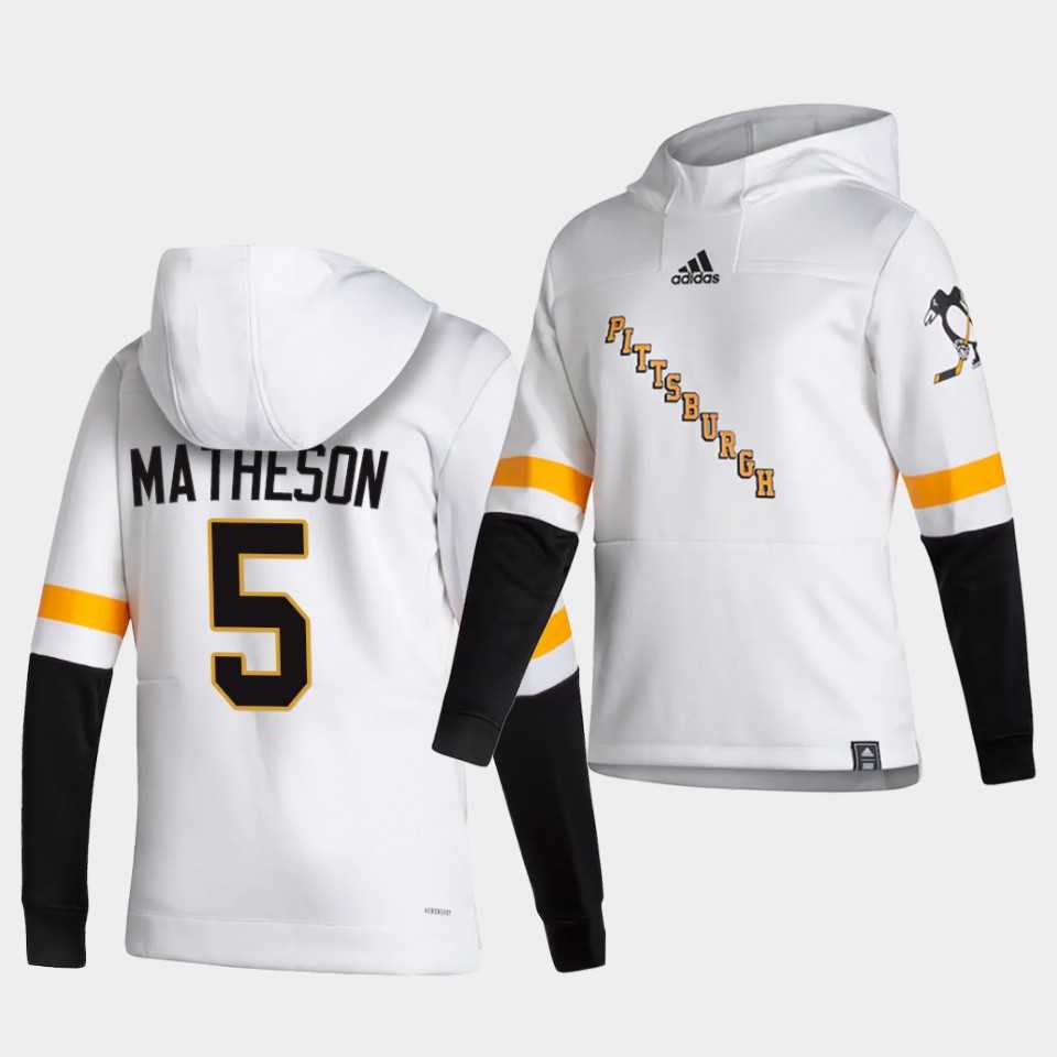 Men Pittsburgh Penguins 5 Matheson White NHL 2021 Adidas Pullover Hoodie Jersey